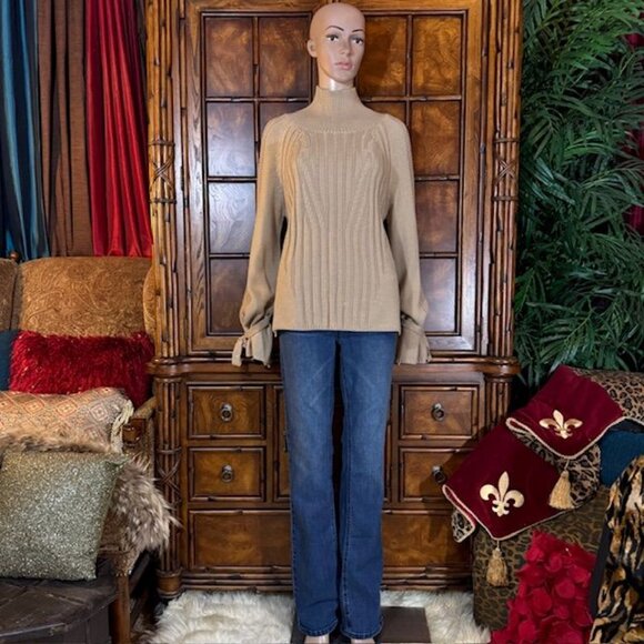 NWOT Bodilove Khaki Tan Cotton Blend Modern Cable Knit Tie Bow Sleeve Sweater - Picture 8 of 16